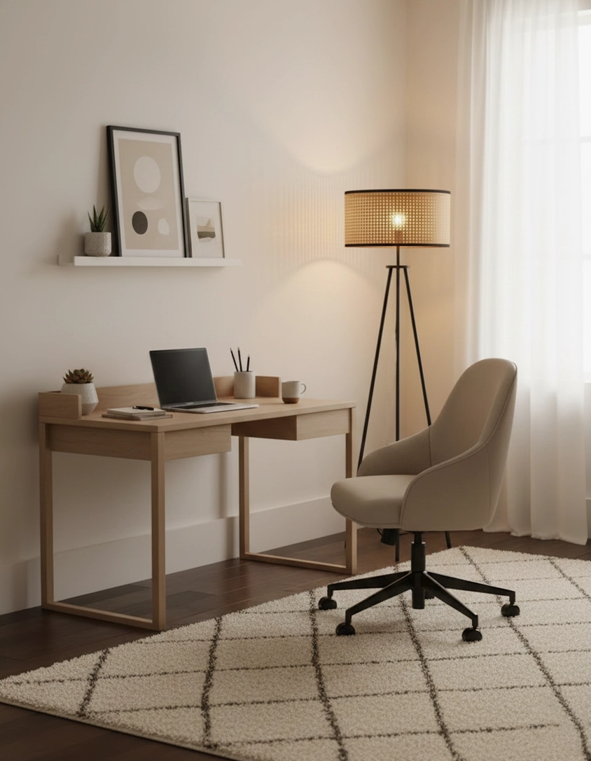 Contemporary tripod floor lamp rattan shade home office workspace ambient light