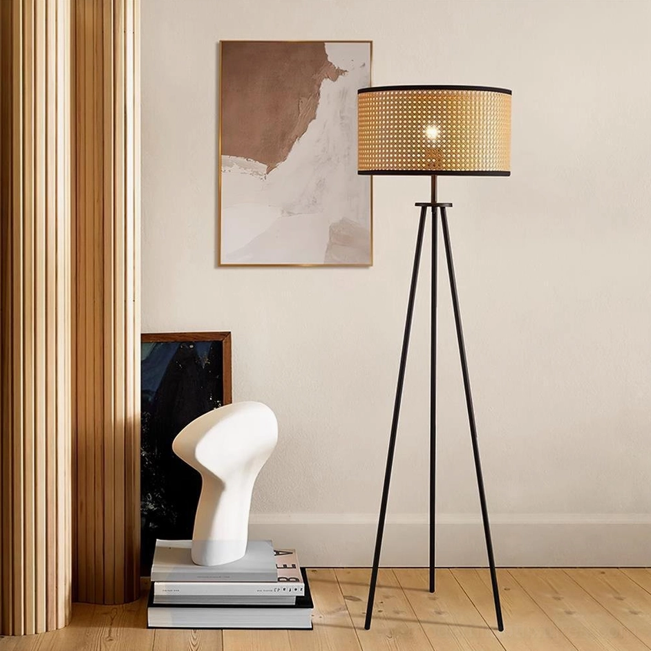 Black rattan tripod floor lamp EU AU UK US plug options global compatibility
