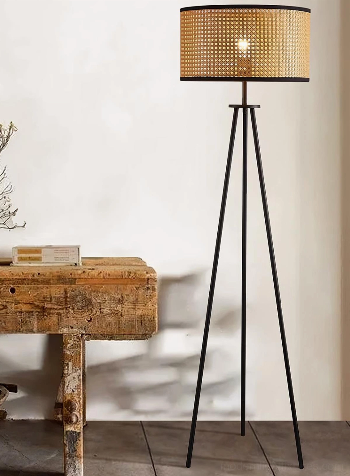 Morenci floor lamp natural rattan weave black metal frame quality construction