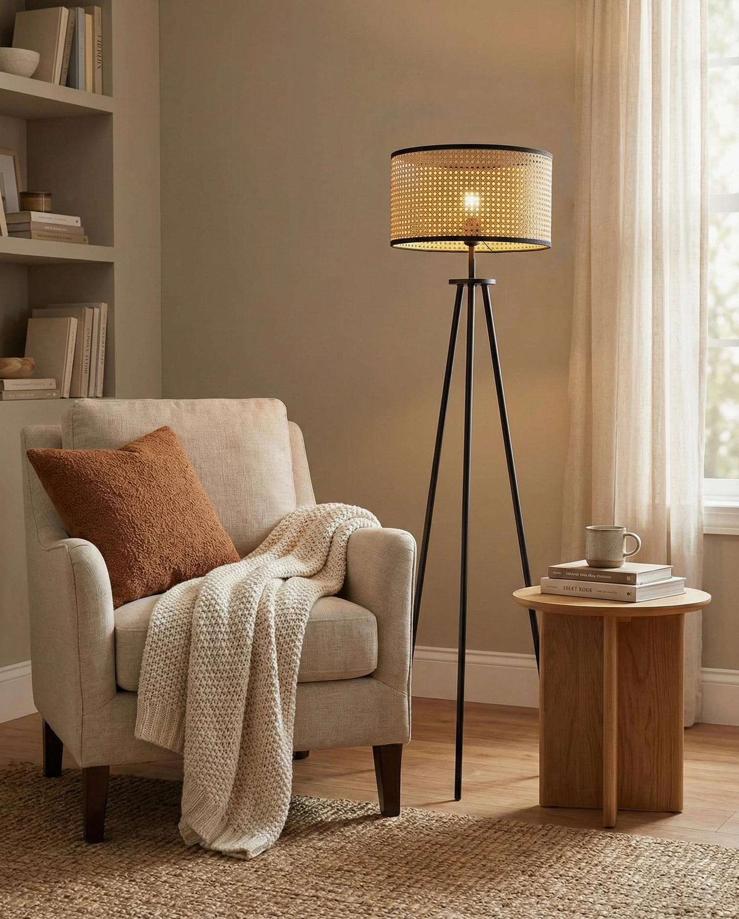 Rattan tripod floor lamp cozy reading nook with armchair and side table