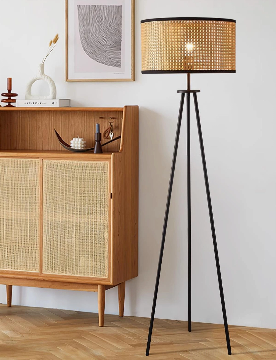 Floor lamp natural rattan shade black tripod modern scandinavian style
