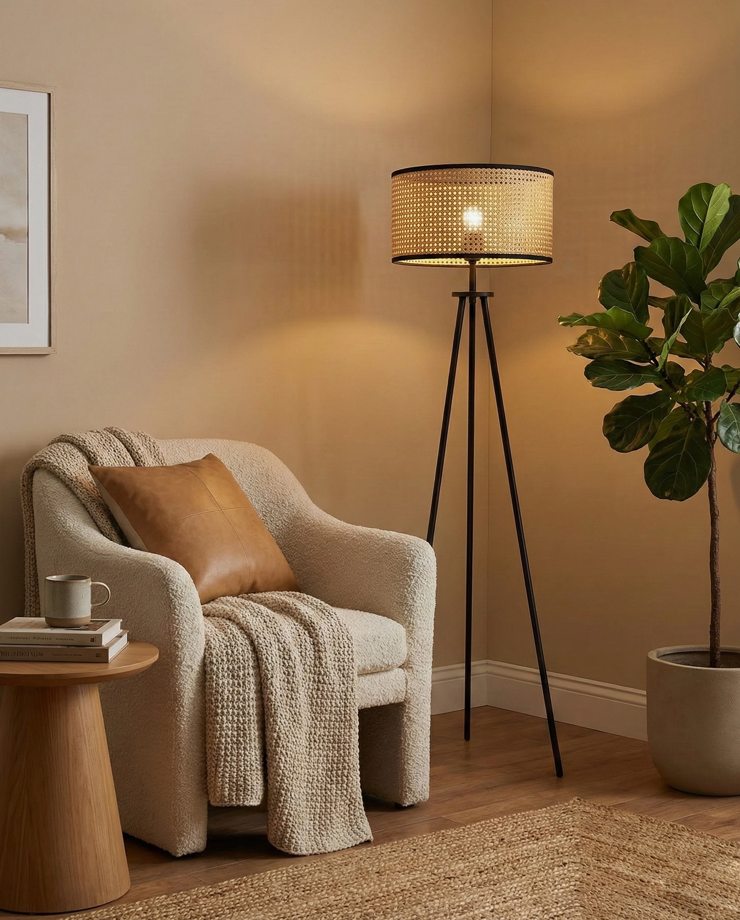 Boho floor lamp natural rattan shade warm ambient lighting home interior
