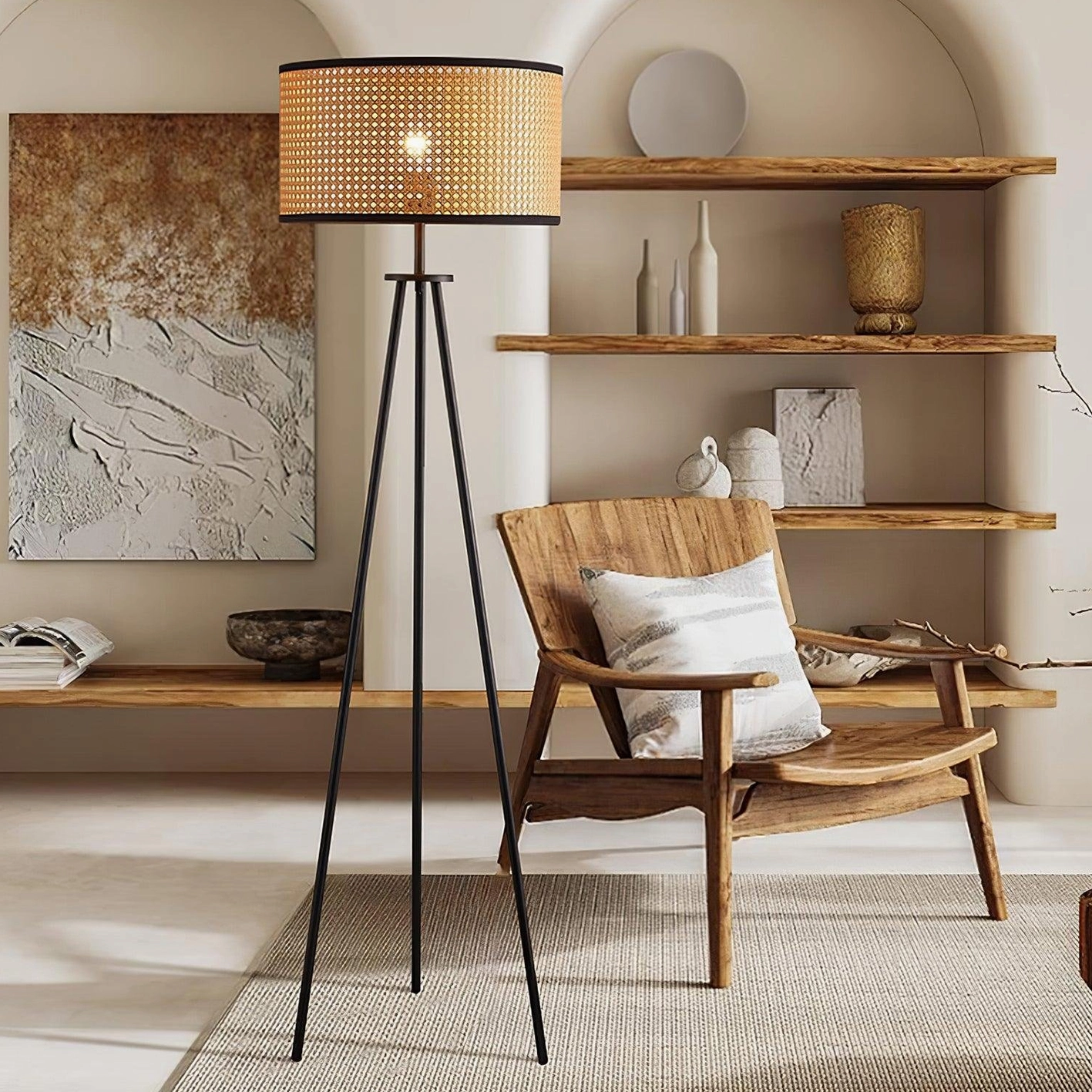 Black metal tripod floor lamp with natural rattan shade rustic bohemian interior