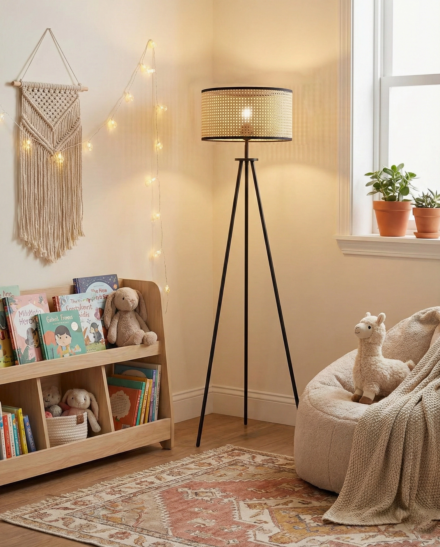 Rattan floor lamp natural weave pattern shade contemporary interior styling