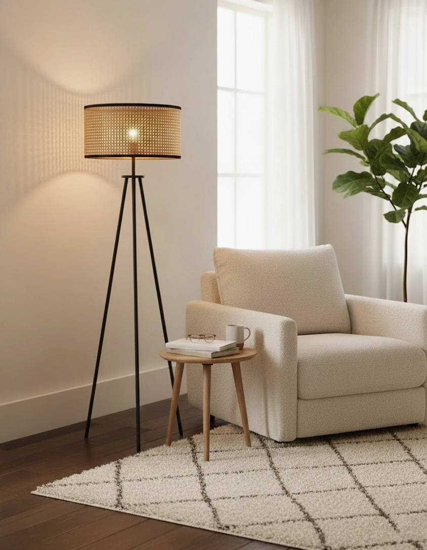 Morenci handwoven rattan tripod floor lamp black metal base close-up detail