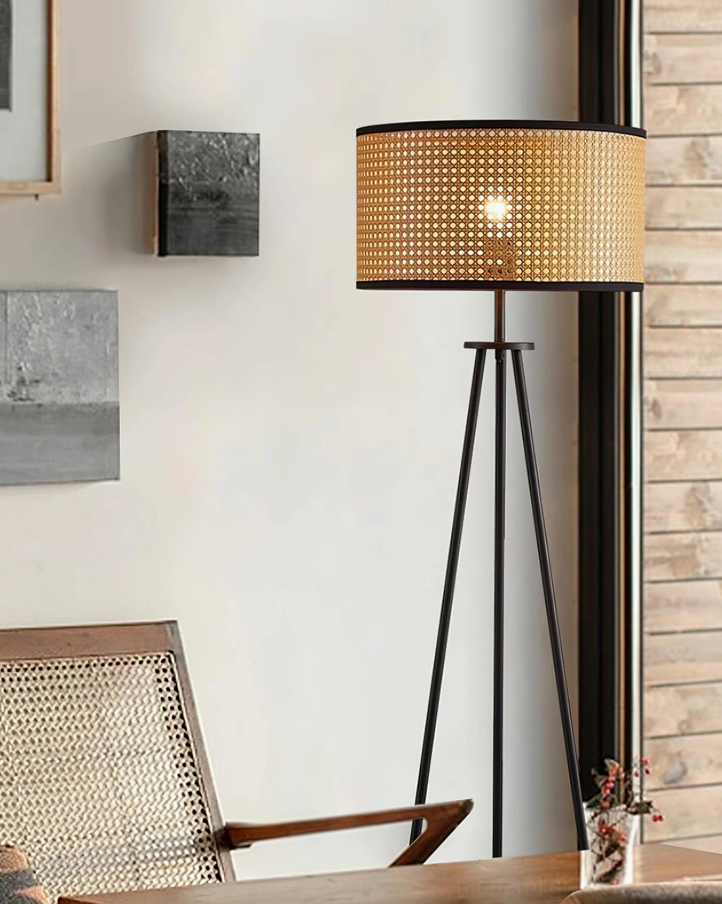 Morenci tripod floor lamp rattan shade artistic craftsmanship detail view