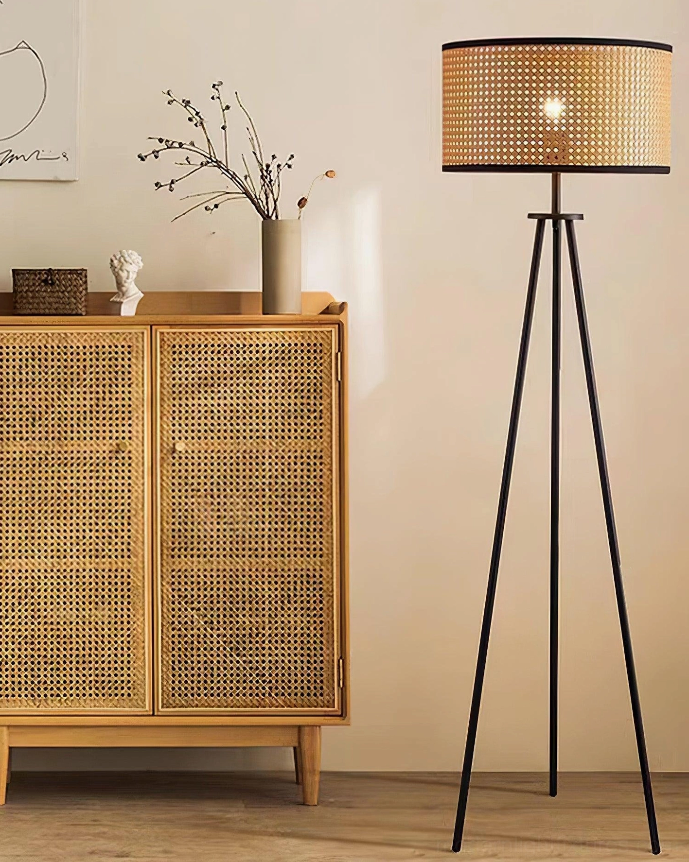 Black metal tripod floor lamp rattan shade full product display angle view