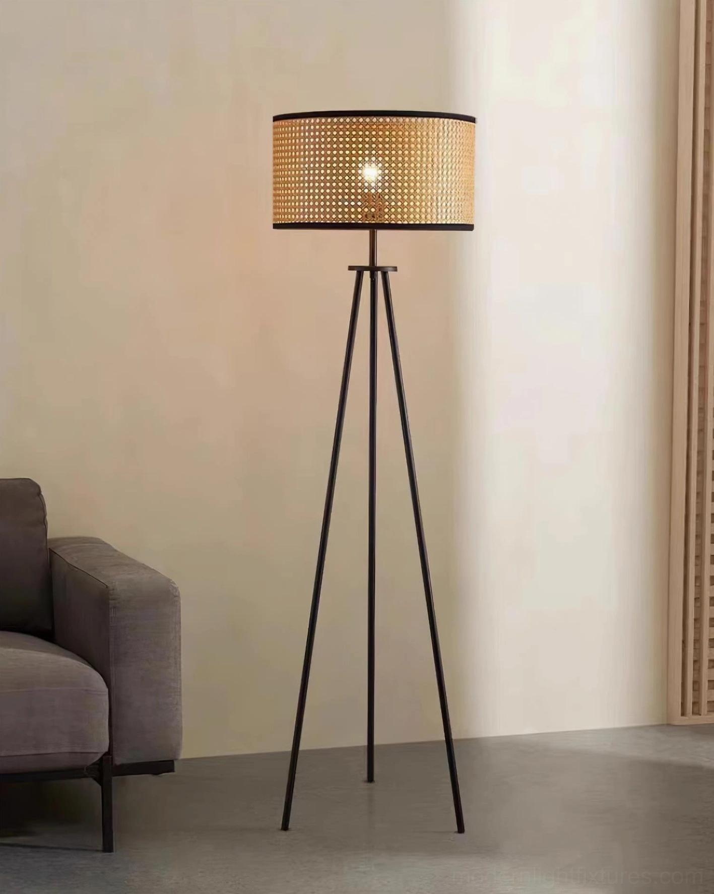 Black tripod floor lamp natural rattan weave shade design perspective