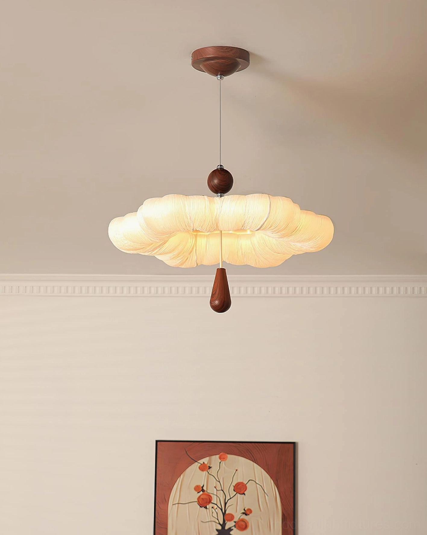 Contemporary Mori Puff Cloud Pendant in residential hallway with wall artwork, walnut wood detail visible