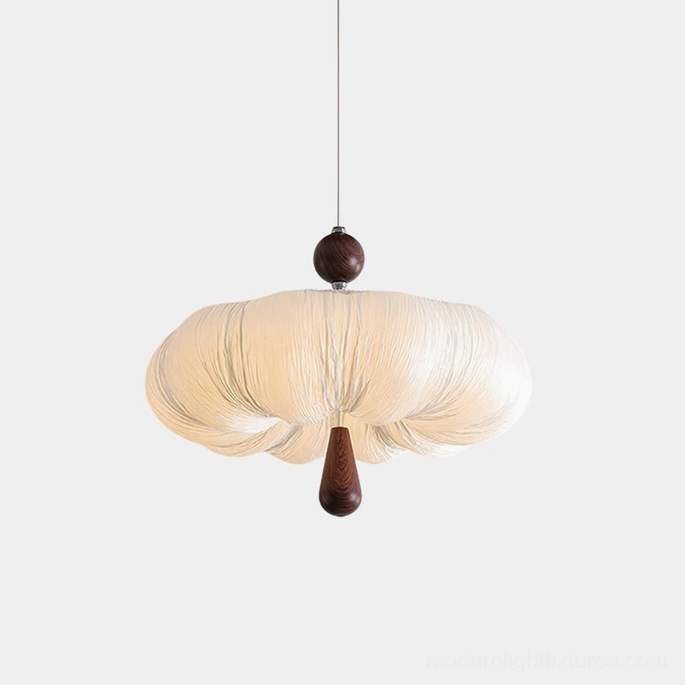 Mori Puff Cloud Pendant Light with scalloped cream fabric shade and walnut wood accents, studio front view