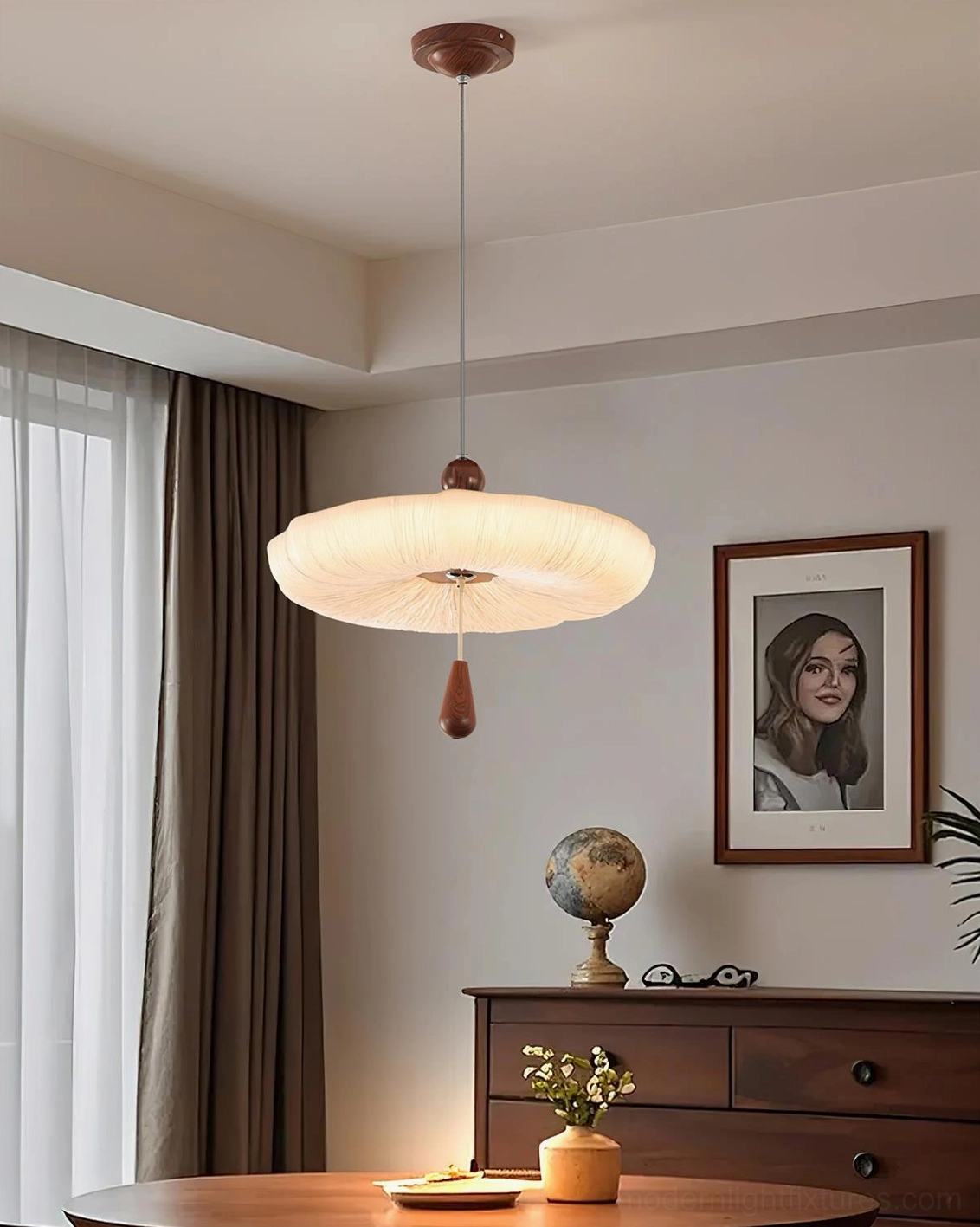 Mori Puff Cloud Pendant Light in warm home dressing room, soft ambient illumination, vintage neutral decor