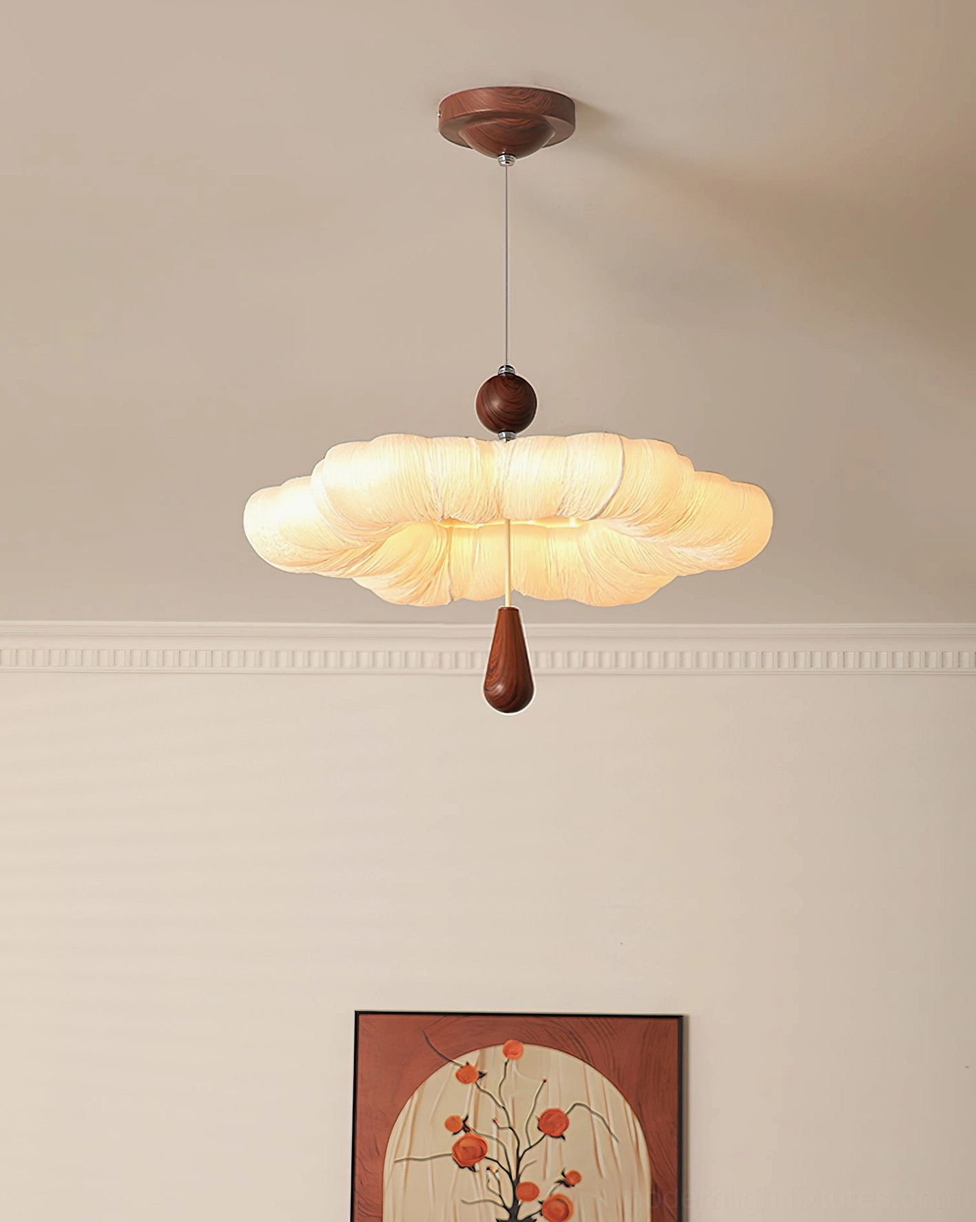Mori Puff Cloud Pendant Light close-up detail showing fabric texture and warm white LED glow, walnut accents