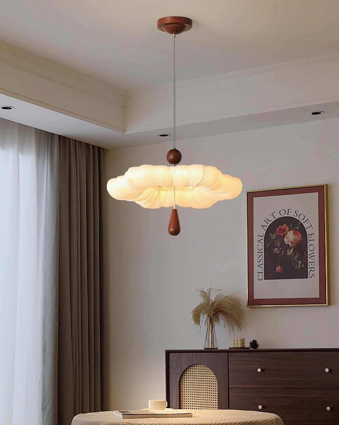 Mori Puff Modern Pendant Light showing scalloped edge design, cream fabric diffusion, minimalist aesthetic