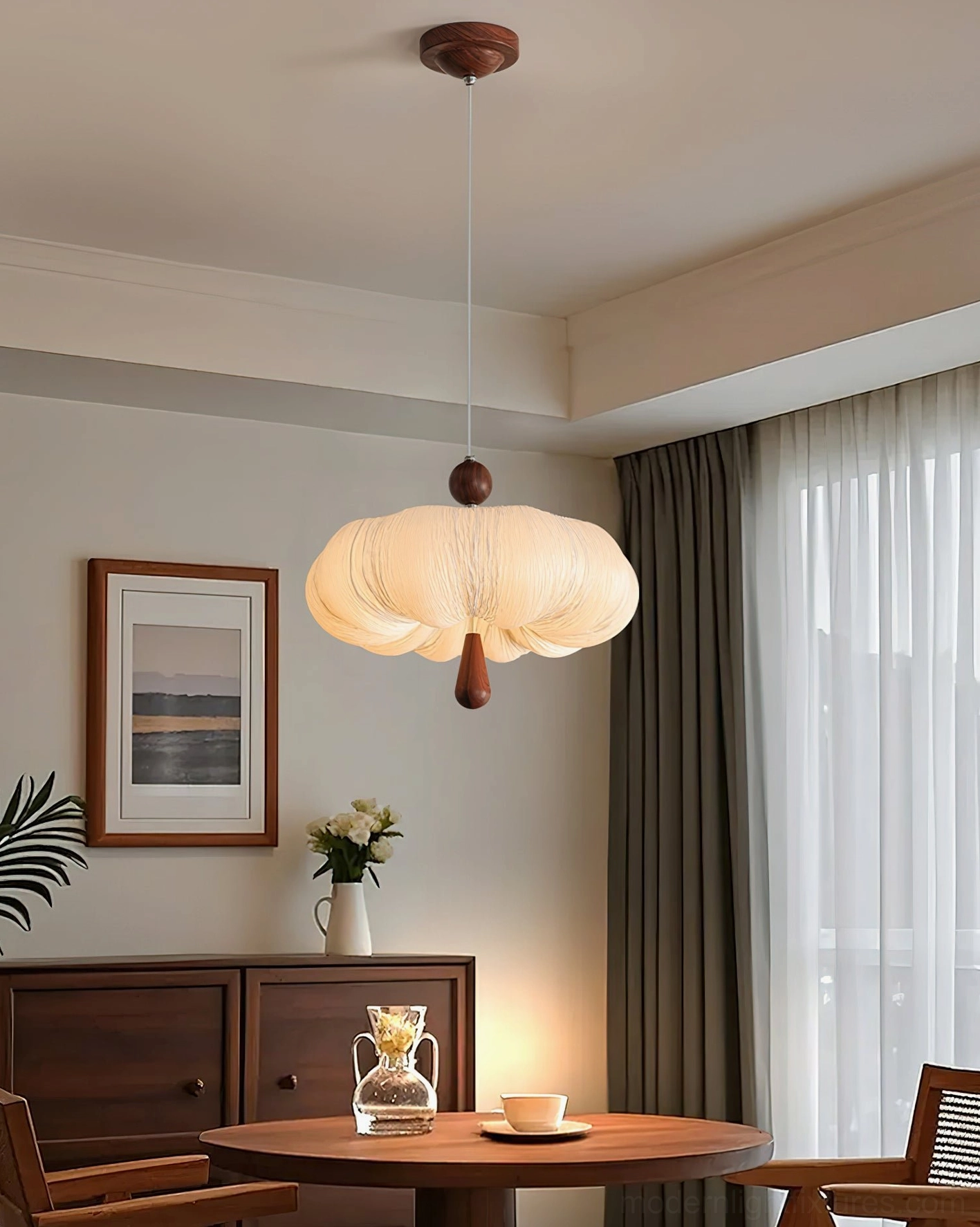 Mori Puff Pendant Light suspension detail with adjustable cord, hardwired ceiling mount, walnut wood accent