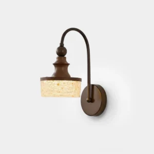 Morven bronze wall sconce with walnut wood accents, front studio view showing gooseneck arm and textured golden-fleck resin shade