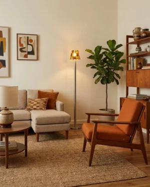 Stained glass floor lamp with warm amber mosaic shade providing soft ambient light in mid-century modern living room setting