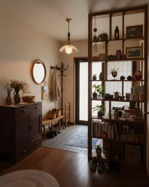 Vintage mosaic glass pendant lamp installed in residential entryway with warm ambient lighting