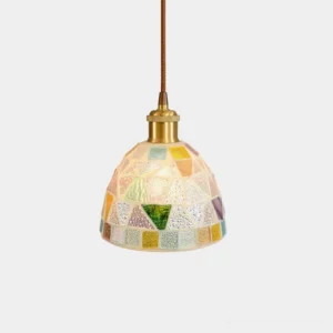 Mosaic stained glass pendant lamp with multicolor hand-placed glass fragments and brass fitting on white background