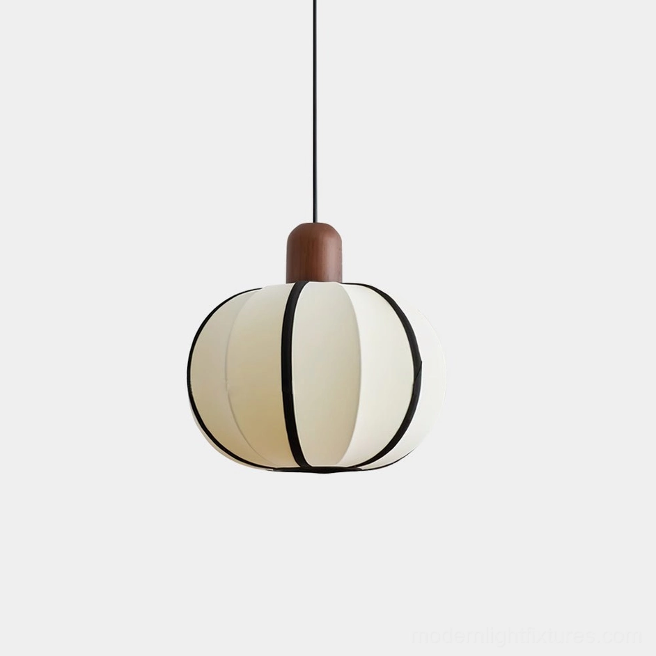 Mosh ribbed fabric globe pendant light - white off-white fabric shade with black trim and dark walnut wood top connector, front studio view
