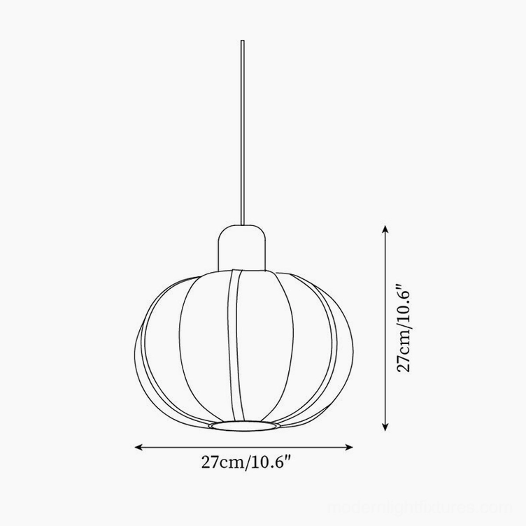 Technical line drawing and dimensions of Mosh ribbed globe pendant lamp - orthographic side view showing 27cm diameter and 10.6 inch height specifications