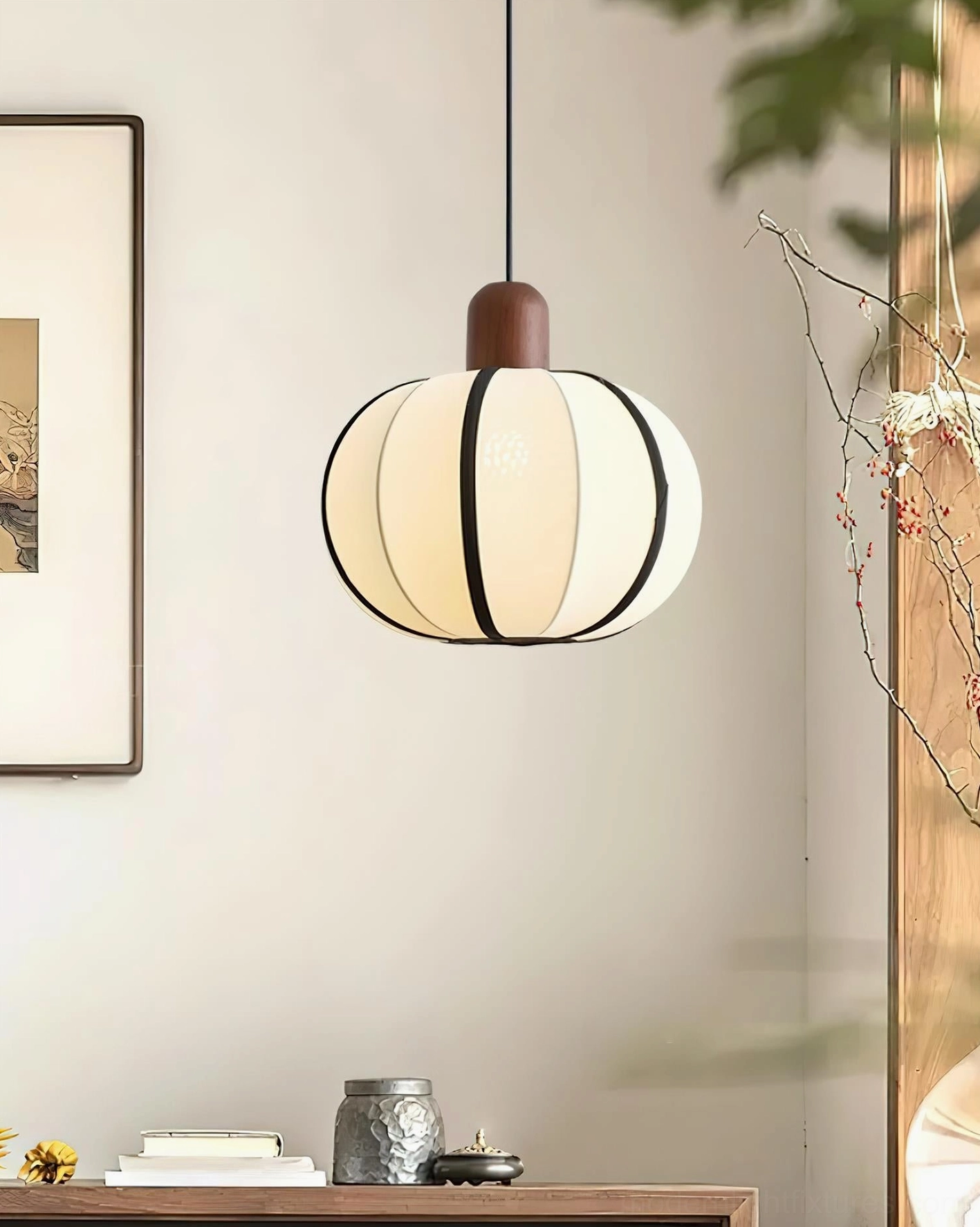 Mosh fabric globe pendant light suspended in minimalist entryway hallway - warm ambient lighting with side table and modern minimalist wall decor