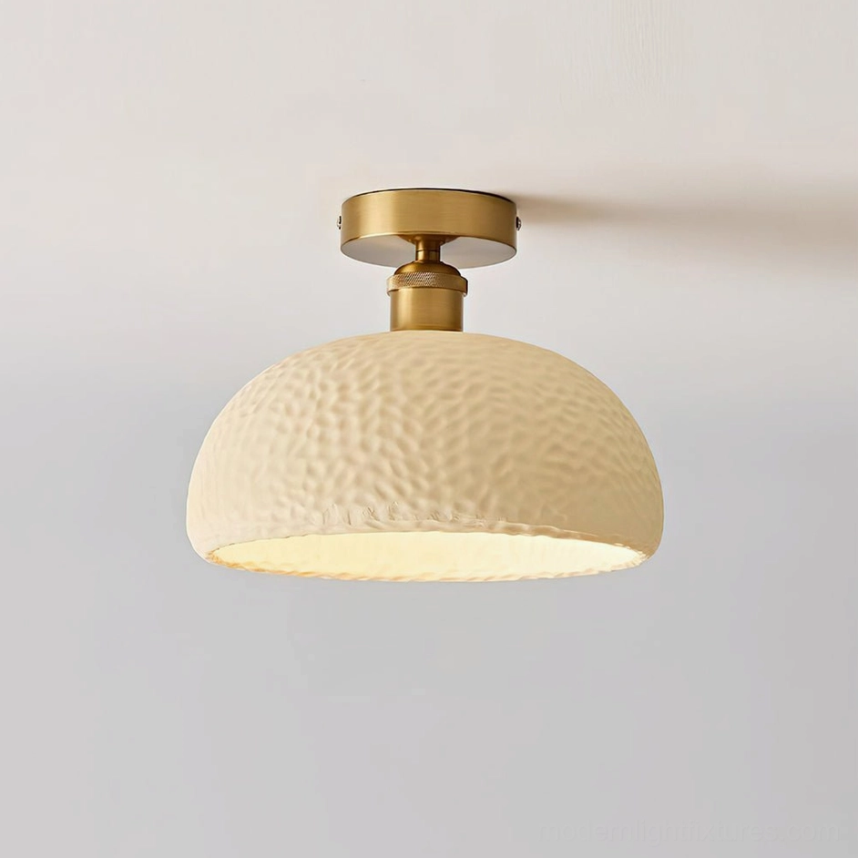 Beige moss glow ceiling light fixture with brass gold mount and soft ambient illumination
