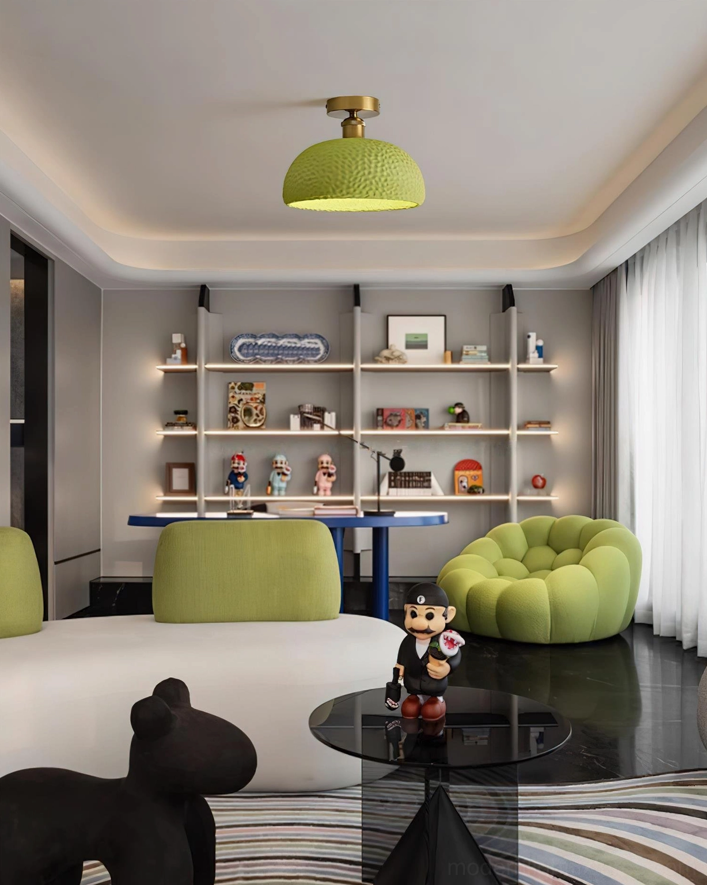 Modern minimalist living room interior with green semi-flush ceiling light coordinating with accent furniture