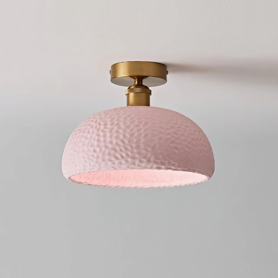 Pink moss glow ceiling light semi-flush fixture with textured shade and brass gold canopy