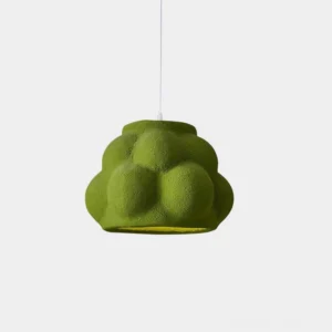 Moss green wabi-sabi cloud pendant light with organic bumpy matte texture, studio front view