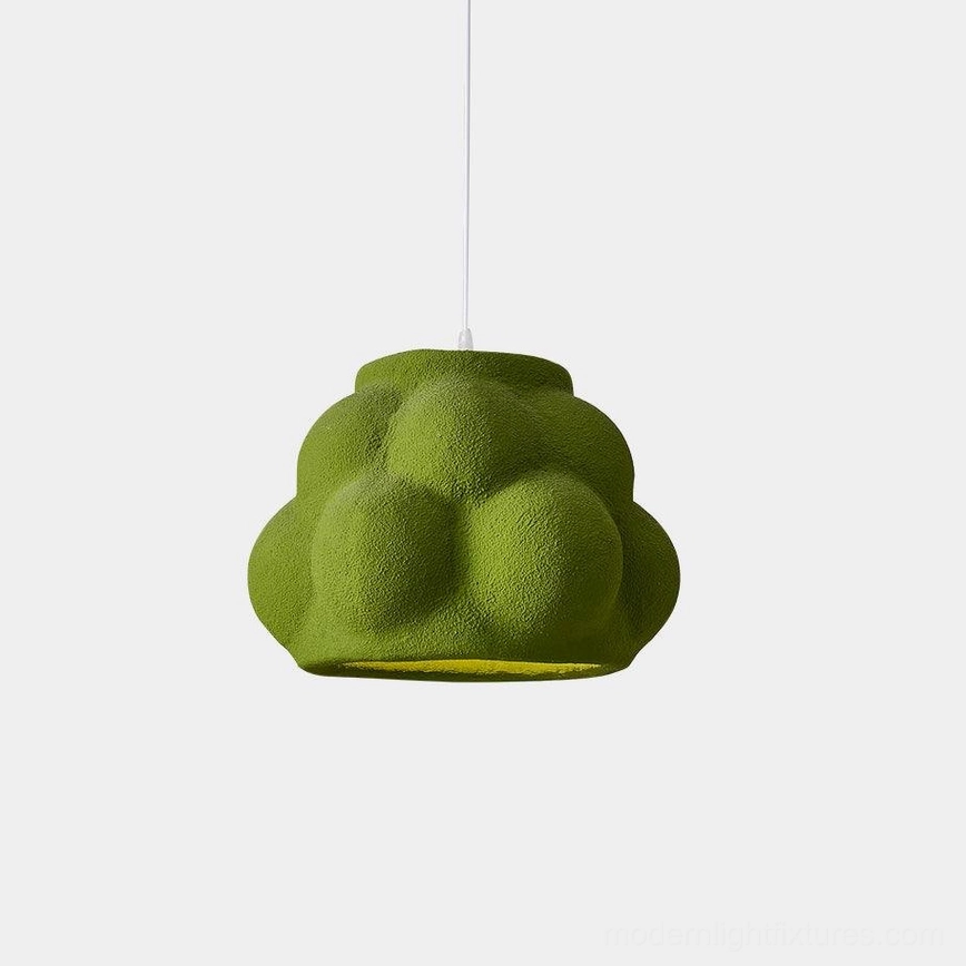 Moss green wabi-sabi cloud pendant light with organic bumpy matte texture, studio front view