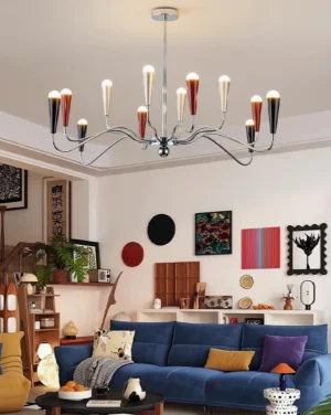 Motiflow chrome and colorful candelabra chandelier installed in vintage living room interior design