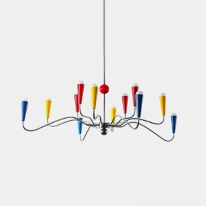 Motiflow multicolor mid-century modern candelabra chandelier with colorful cone shades front view