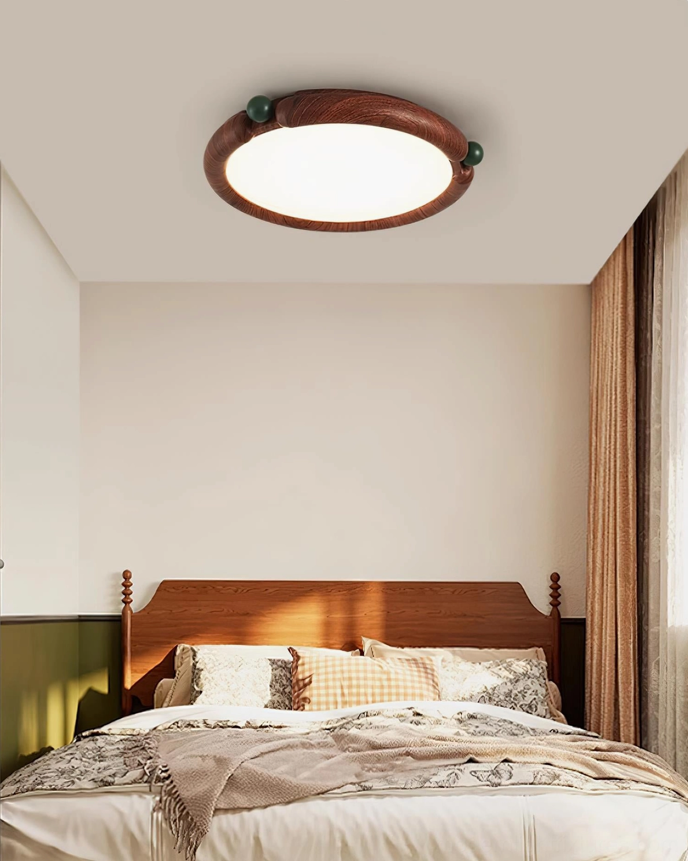 Modern flush mount ceiling fixture mounted on bedroom ceiling, traditional design room setting