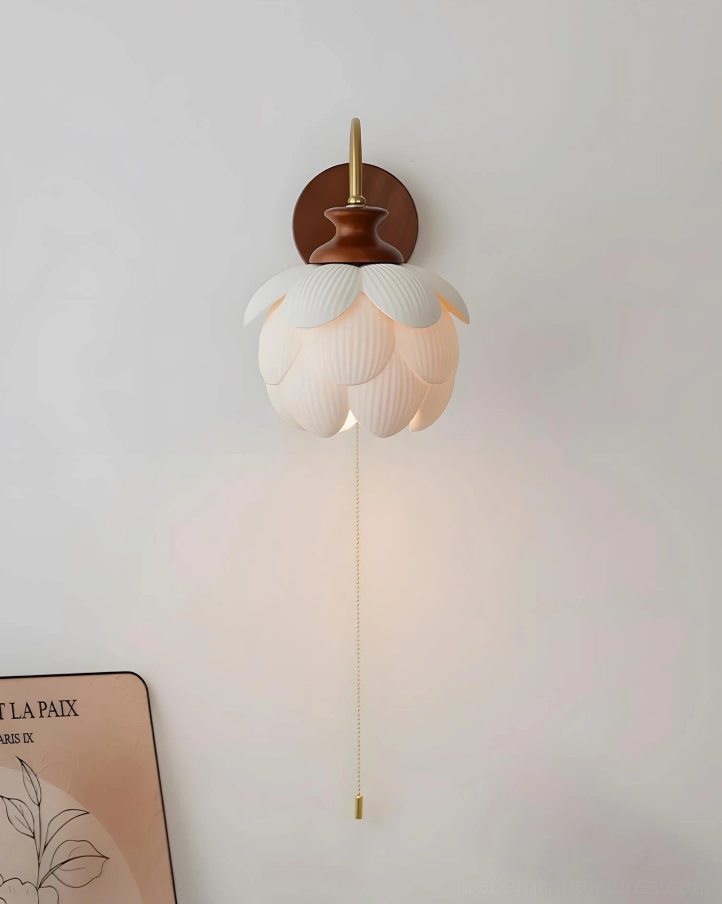 Wall sconce installation reference showing mounting height and positioning on bedroom wall with nightstand setup