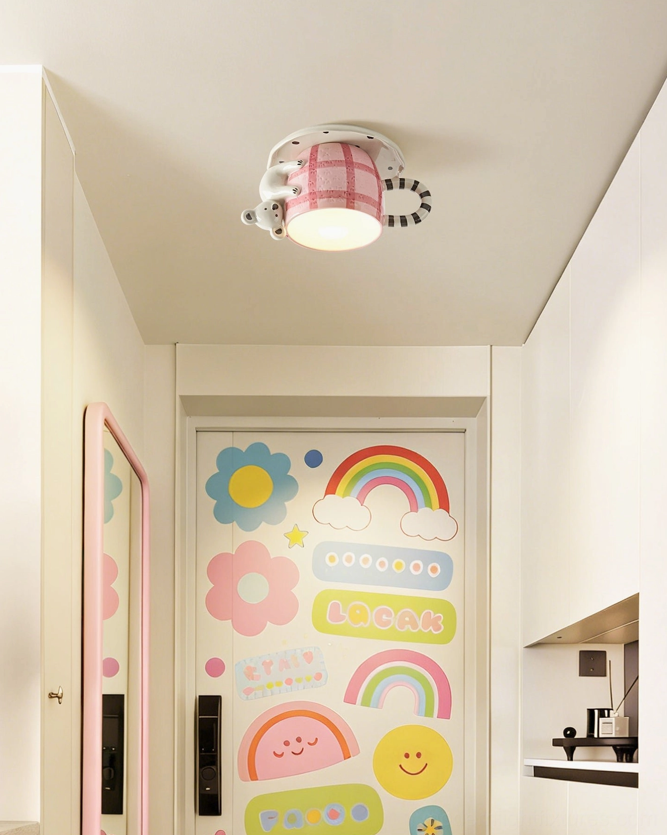 Kids ceiling flush mount mug light with warm white G4 bulb glowing