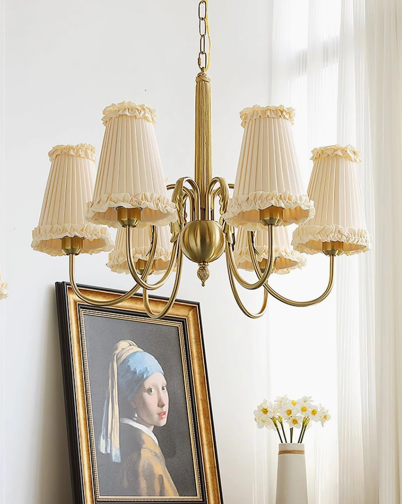 multi-arm gold vintage chandelier interior design living space detail