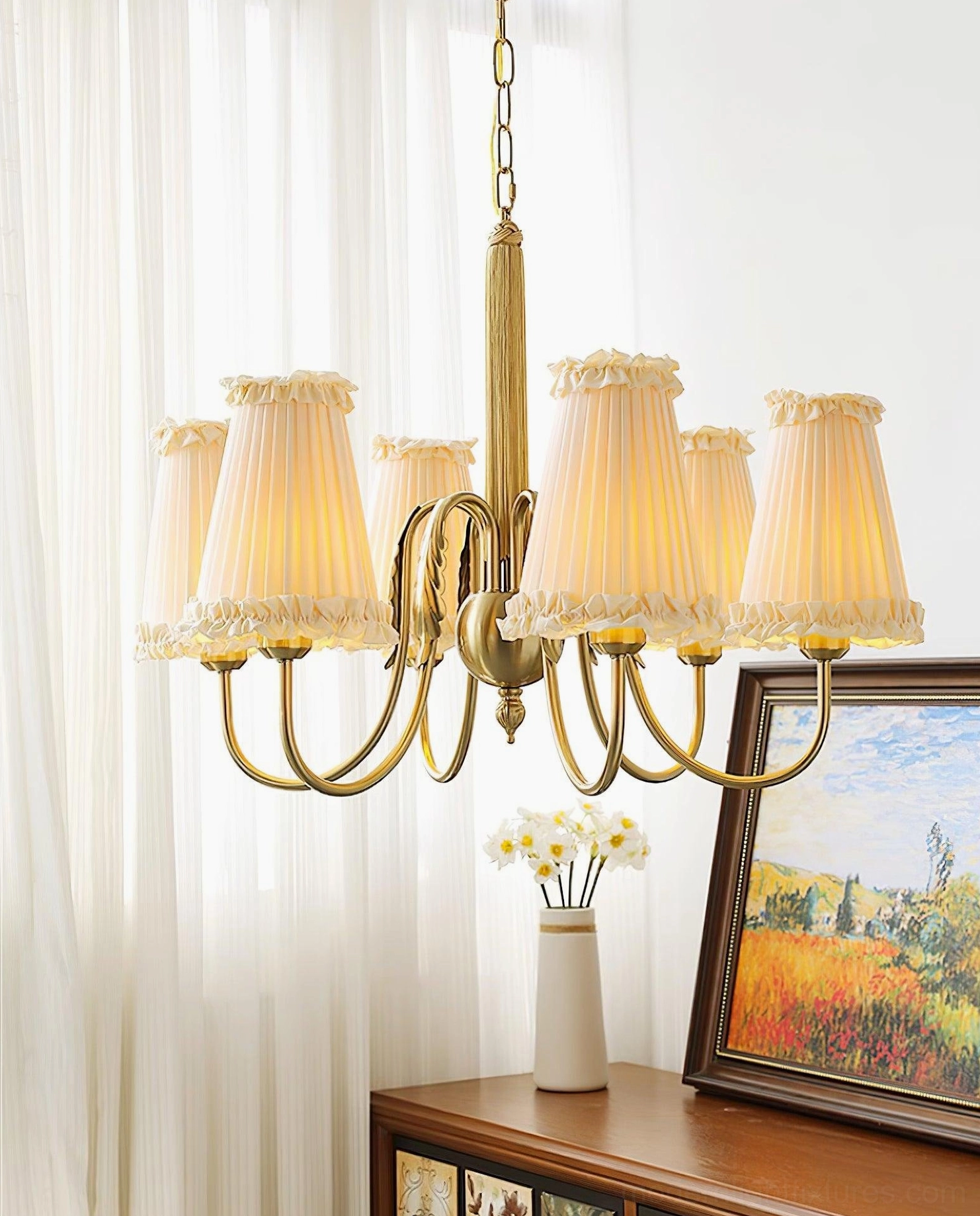 multi-arm pleated beige shade chandelier Victorian style interior