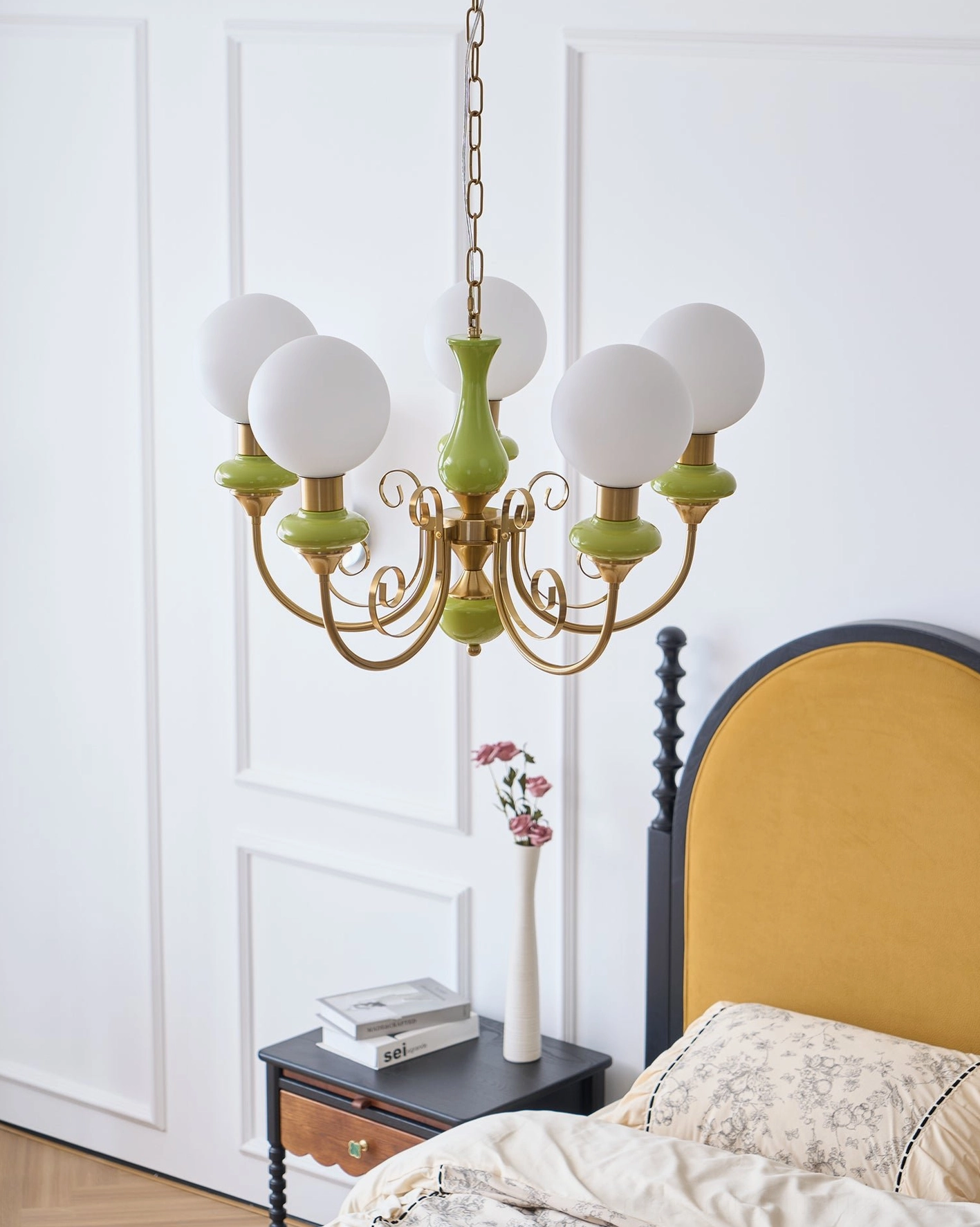 Multi-fixture glass chandelier installation, contemporary overhead pendant lighting