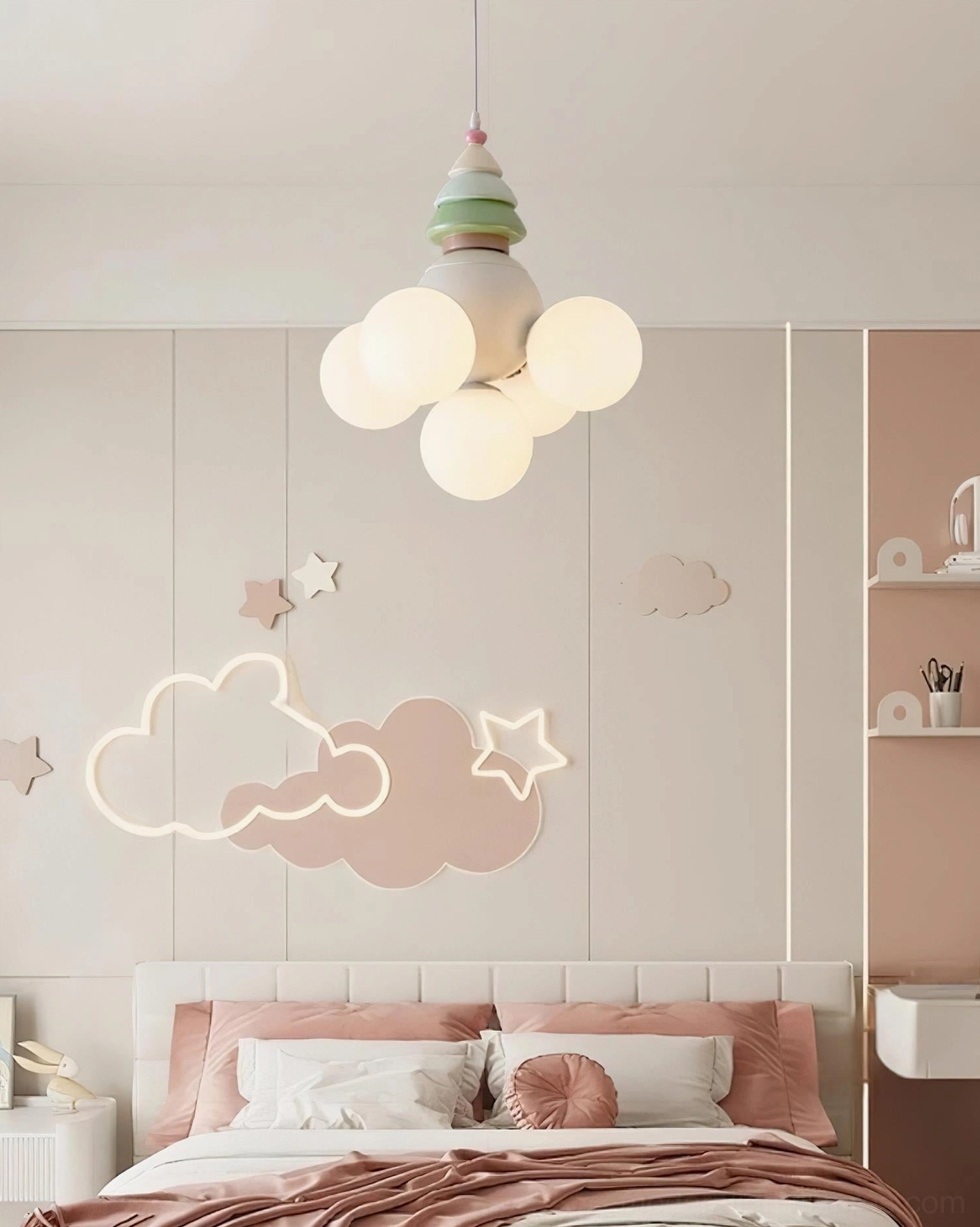 Whimsical pastel globe pendant light glowing in girl's bedroom with cloud wall decor