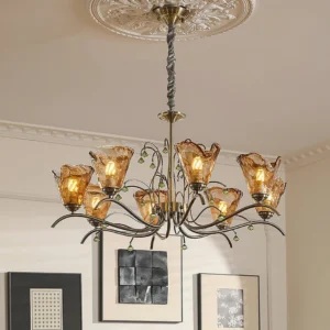 8-head Vetraio chandelier installed in vintage American living room, ceiling-mounted upward view showing carved rose and warm amber illumination