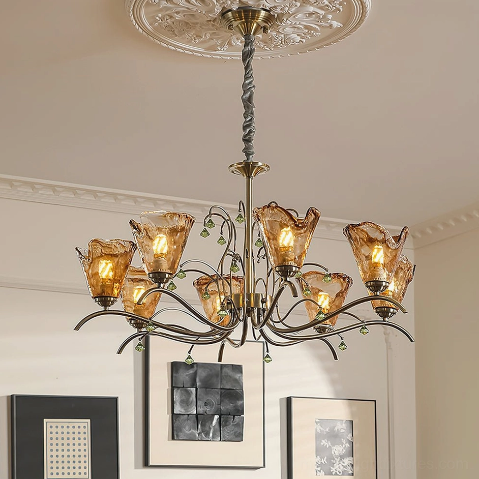 8-head Vetraio chandelier installed in vintage American living room, ceiling-mounted upward view showing carved rose and warm amber illumination