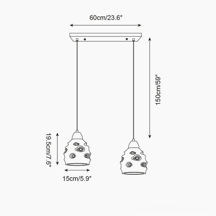 Linear 2-head and 3-head ceramic pendant light technical drawings showing 60cm and suspension dimensions