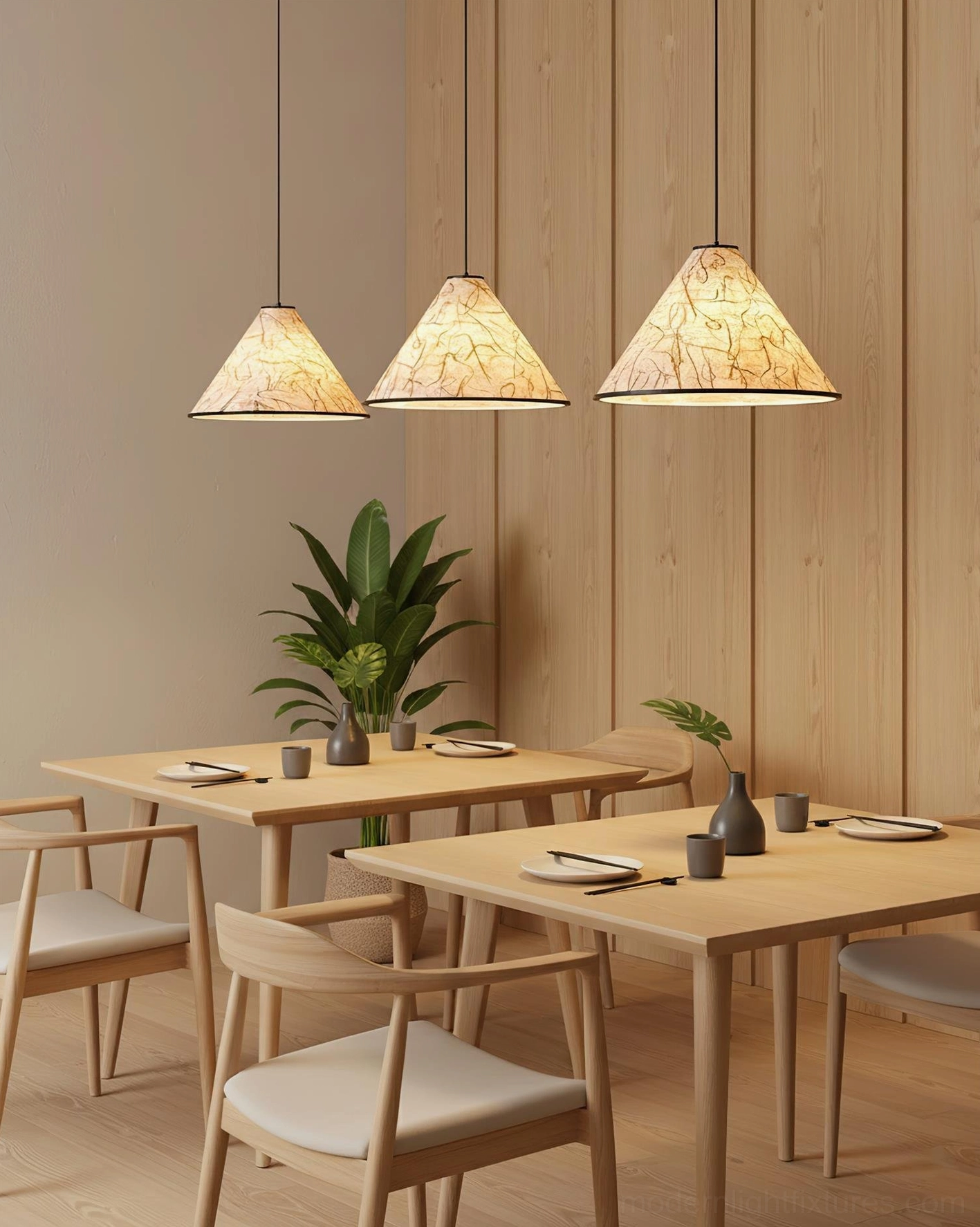 Triple cone pendant light fixture above Japanese wooden dining table creating warm ambient dining room lighting