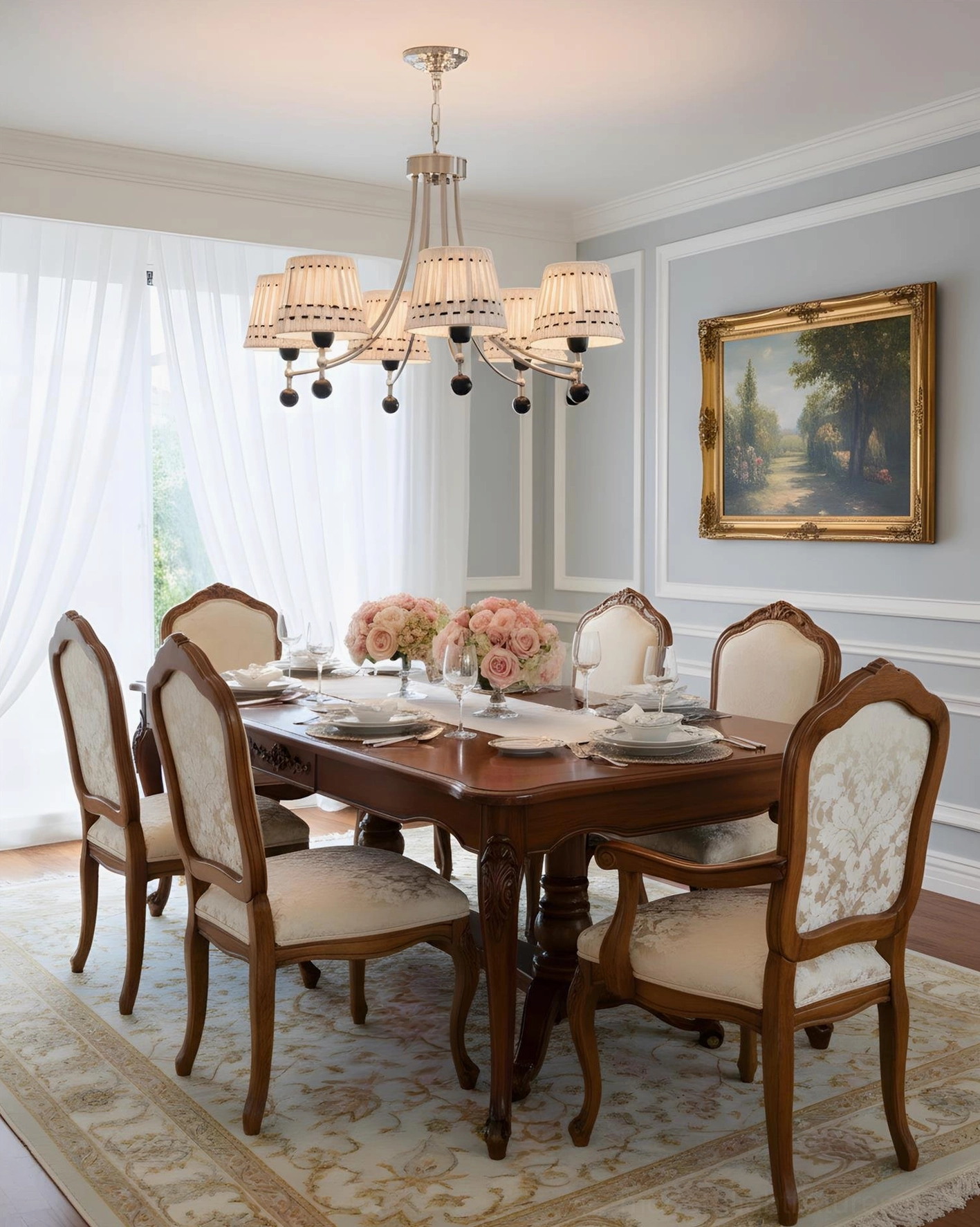 Multi-Head Woven Fabric Chandelier Architectural Detail - Sculptural Metal Arms and Cotton Shades