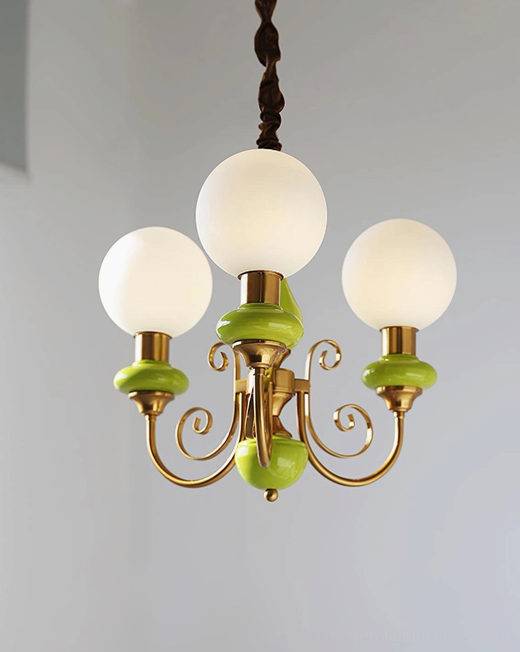 Multi-head frosted glass chandelier fixture, contemporary modern design overhead view