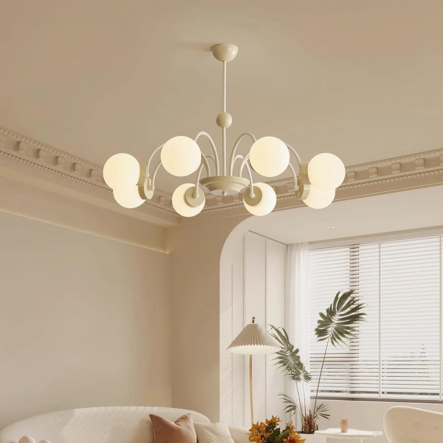 Modern multi-head glass chandelier, warm ambient illumination in interior space