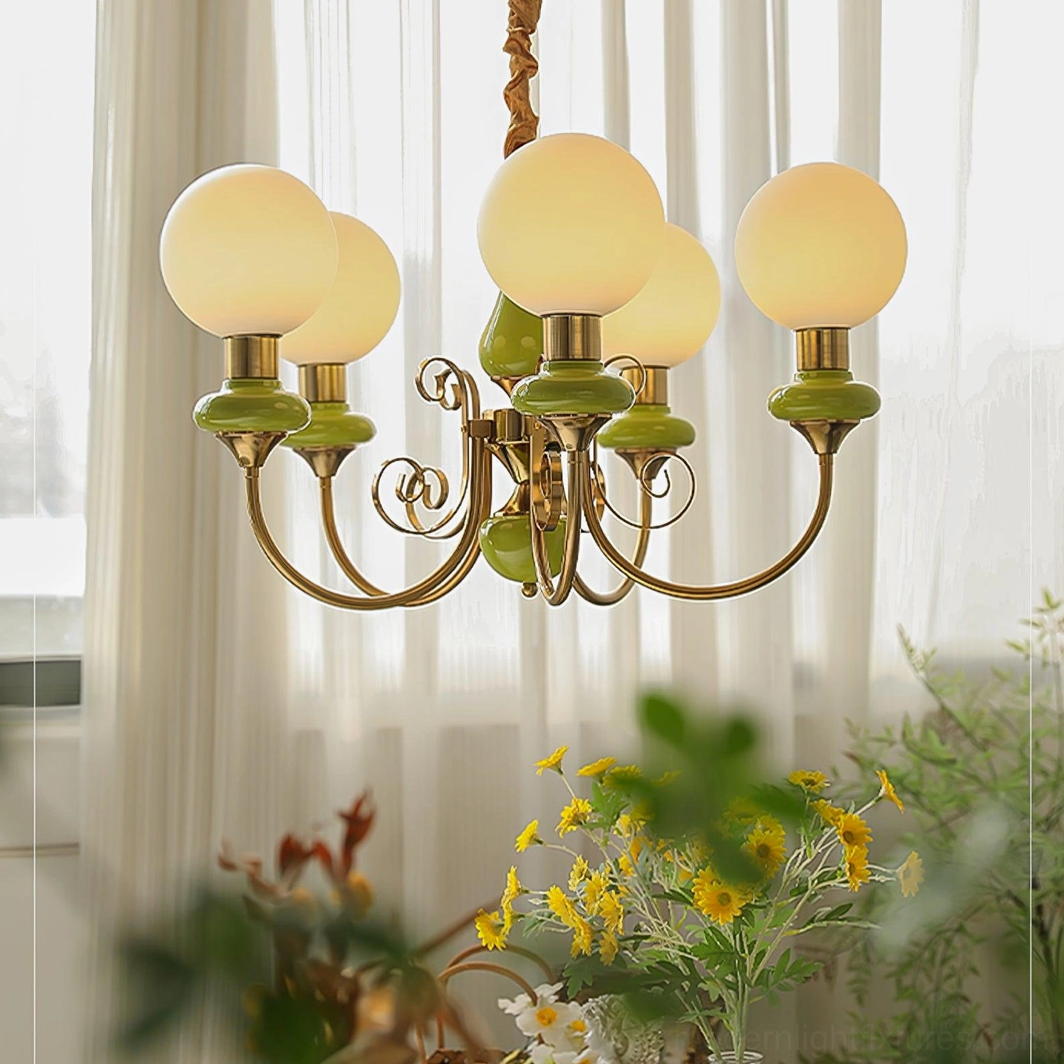 Multi-head modern glass chandelier, frosted white spheres with gold metallic elements