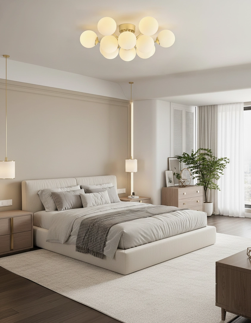 Multi-head sputnik ball ceiling light fixture showing complete architectural form and lighting distribution