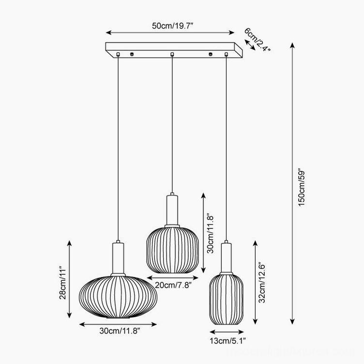 Technical drawing of three ribbed glass pendant lights mounted on long linear ceiling canopy installation