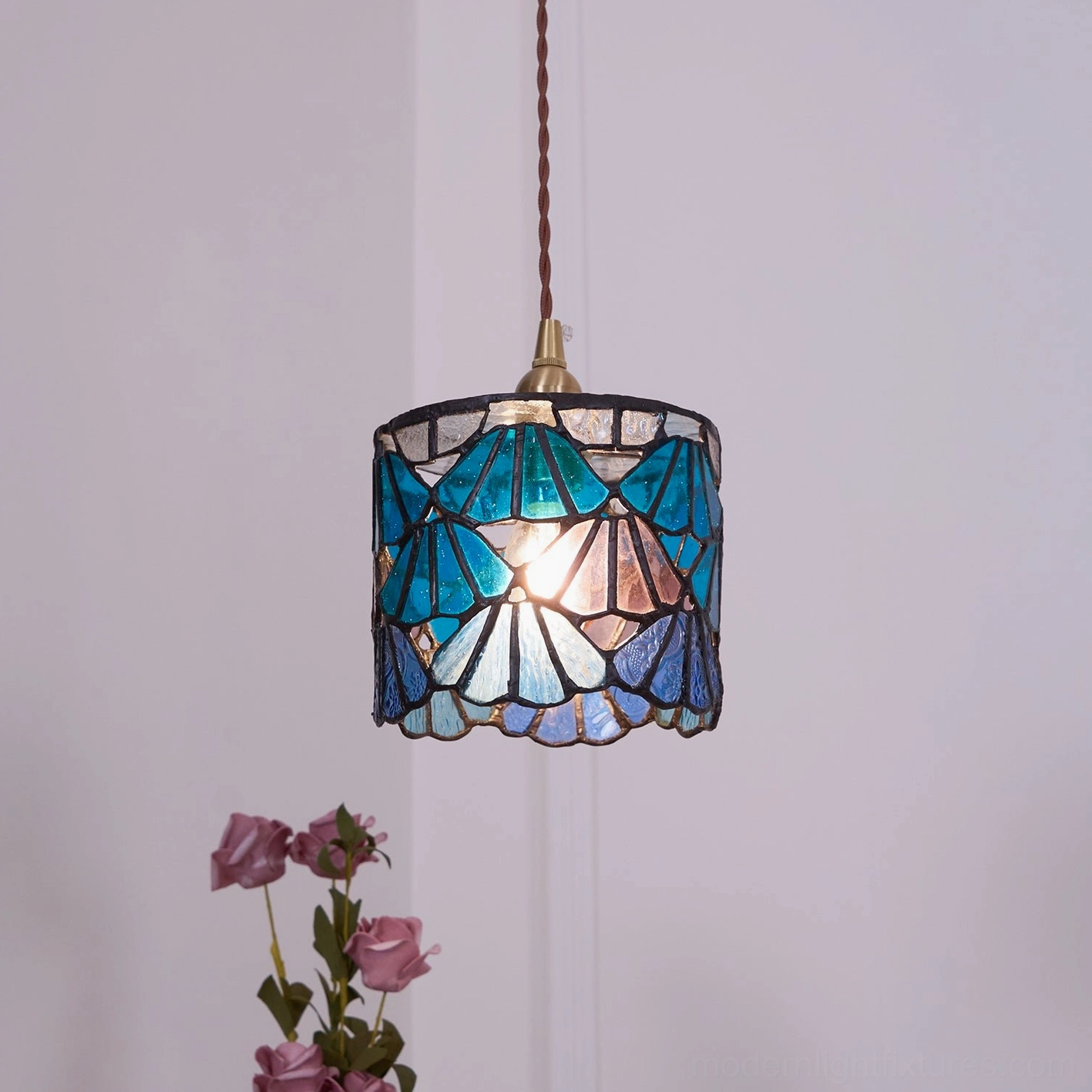 Tina pendant light multi-room installation showing blue and pink versions in coordinated spaces